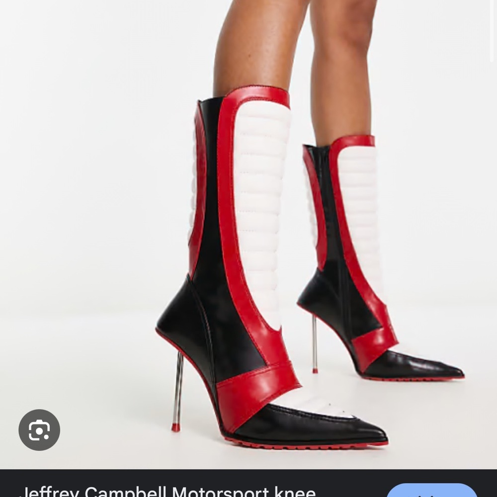 Jeffrey Campbell Red, Black, and White Stiletto Heeled Motorsport Boots